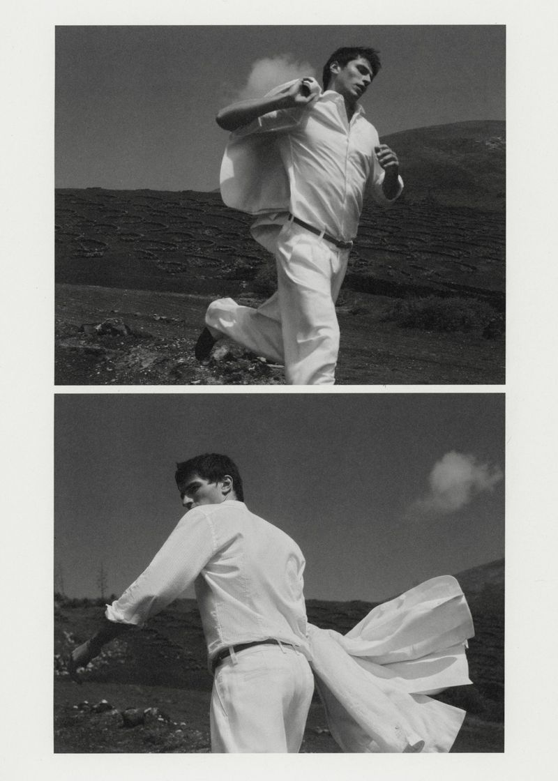 Monochrome diptych of a male model running outdoors wearing a white button-down shirt and trousers while holding a jacket.