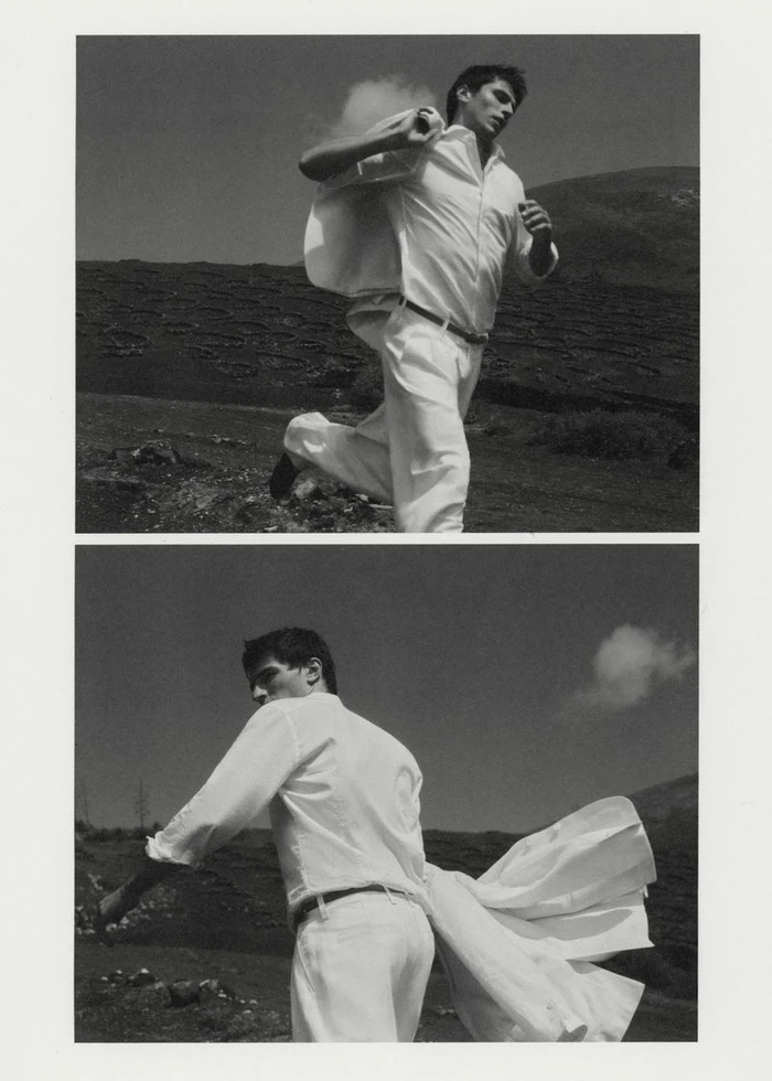 Monochrome diptych of a male model running outdoors wearing a white button-down shirt and trousers while holding a jacket.