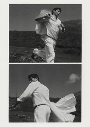 Monochrome diptych of a male model running outdoors wearing a white button-down shirt and trousers while holding a jacket.
