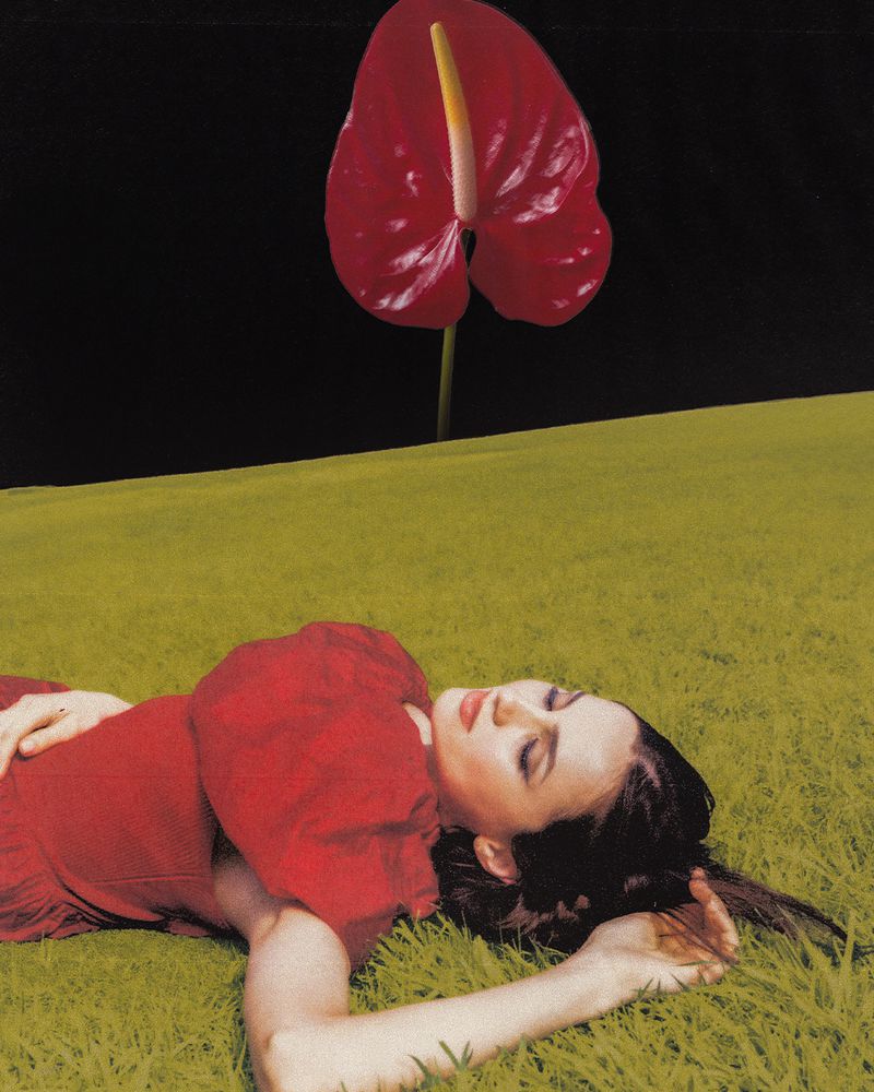 Maude Apatow in a red dress lying on a green field under a giant anthurium flower and black sky.
