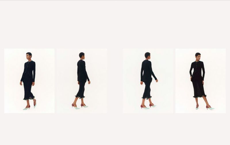 Four panels showing a model wearing a black outfit and shoes walking against a plain light background.