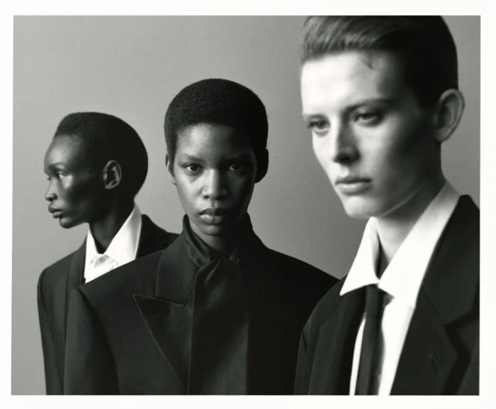 Monochrome fashion portrait of three models in tailored black jackets and white shirts against a plain studio background.