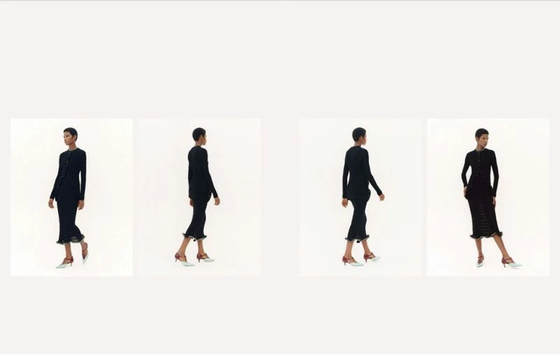 Four panels showing a model wearing a black outfit and shoes walking against a plain light background.