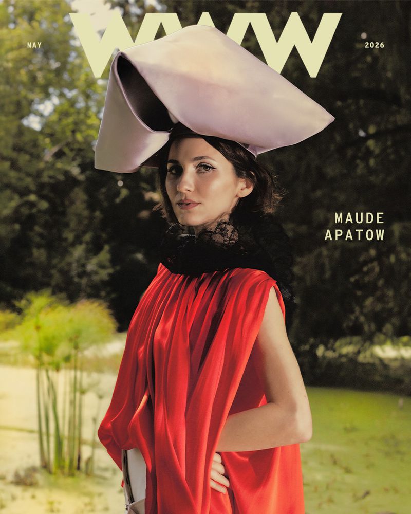 Magazine cover featuring Maude Apatow in red dress with large hat against a blurry green forest backdrop. May 2026 edition.