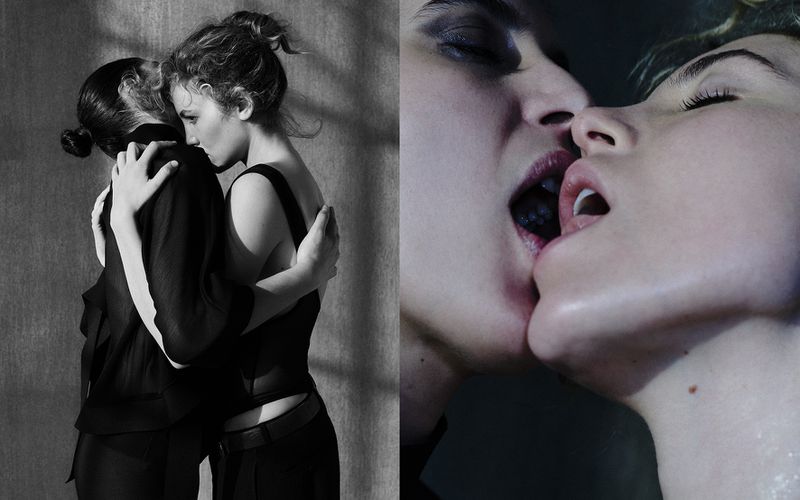 Two women embracing closely in a side profile shot, paired with an extreme close-up of two women kissing intensely.