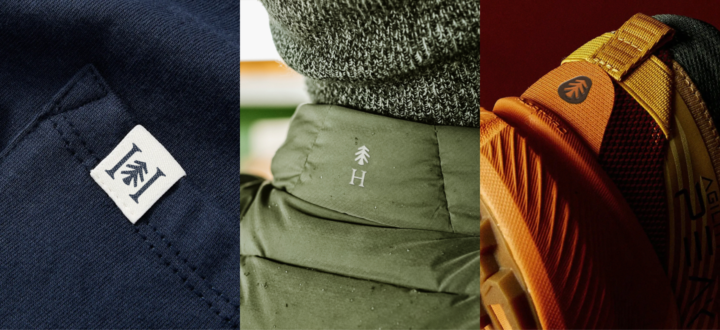Triptych of brand apparel details including a fabric tag on navy blue clothing, an embroidered tree logo on a green puffer jacket, and footwear