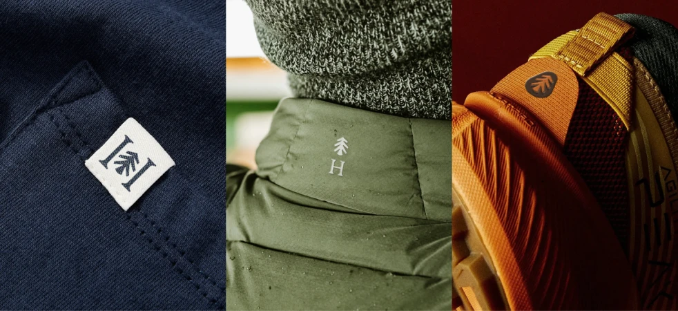 Triptych of brand apparel details including a fabric tag on navy blue clothing, an embroidered tree logo on a green puffer jacket, and footwear