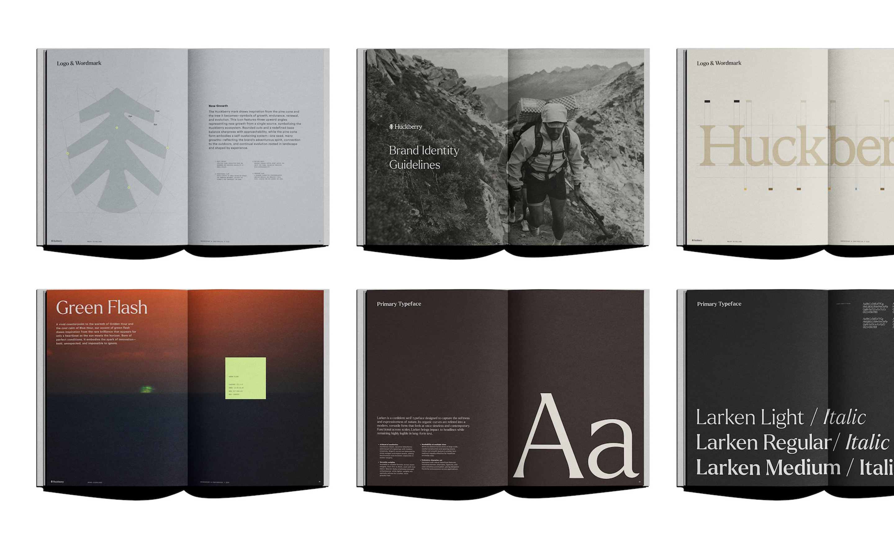 Grid of six open pages from a brand identity guidelines book showcasing typography, logo design, and photography