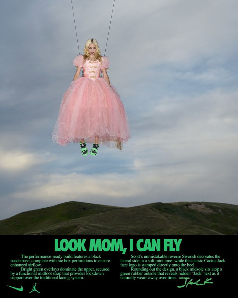 A blonde woman in a pink dress suspended by wires against an outdoor landscape background for Nike Jumpman and Cactus Jack.