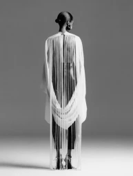 Bibi Abdulkadir viewed from behind wearing a white garment with flowing floor-length fringe against a grey studio backdrop.