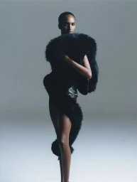 Model Bibi Abdulkadir wearing black faux fur wrap in studio for Ode by Spring Studios
