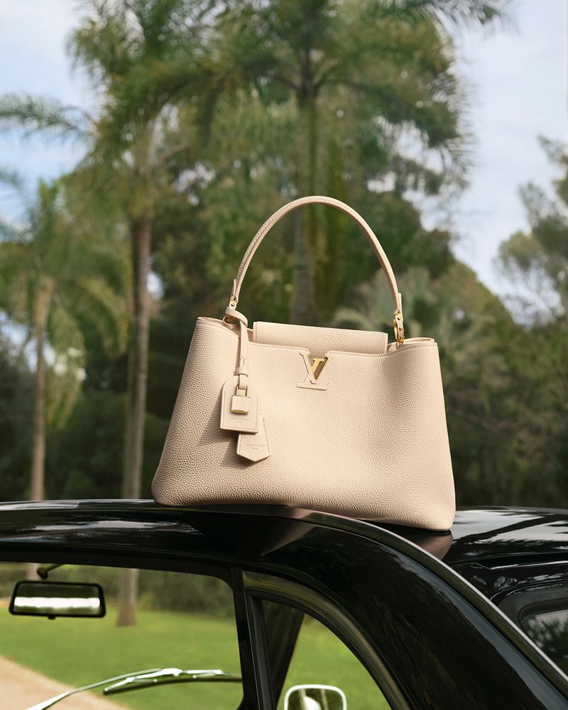 Beige leather Louis Vuitton handbag resting on the roof of a black car with palm trees in the background.