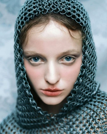 Close-up portrait of a model wearing a metallic chainmail hood against a patterned background for Vogue Portugal.
