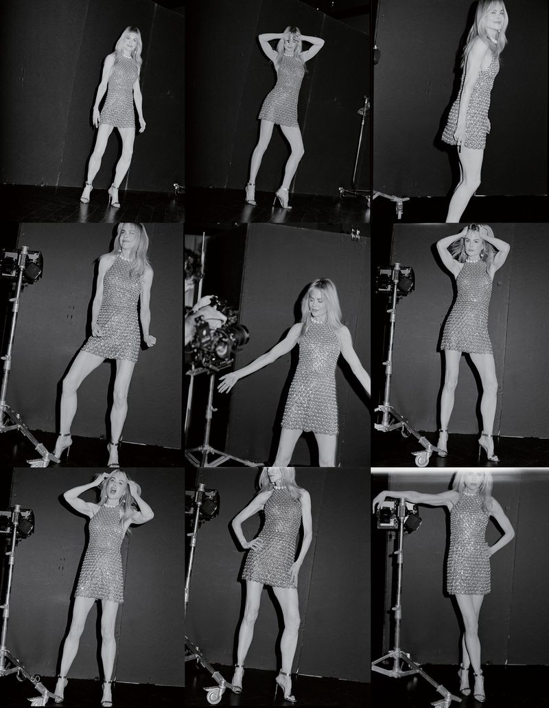 Multi-pane photo collage showing a blonde woman in a sequined mini dress posing in a studio for Vogue China.