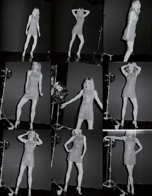 Multi-pane photo collage showing a blonde woman in a sequined mini dress posing in a studio for Vogue China.