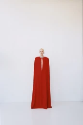 Model wearing a long red cape gown standing against a plain white background for The New Arrivals lookbook project