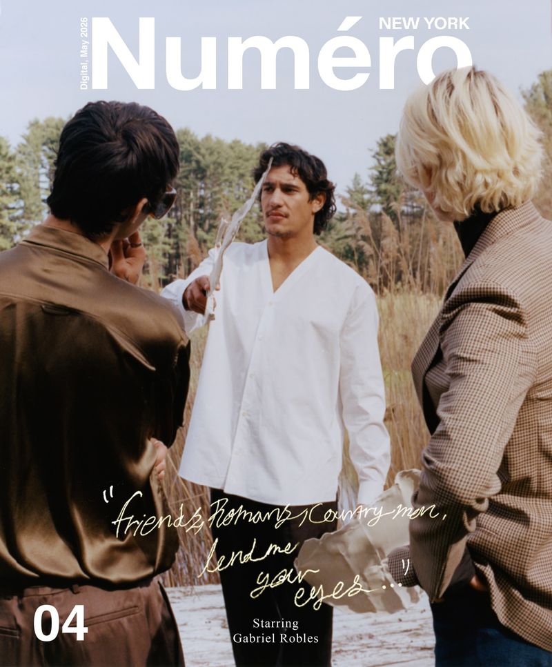 Three models outdoors in a natural field setting with Numéro New York digital cover text overlay.