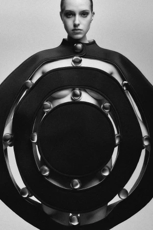 Model wearing a structured dark sculptural garment with circular concentric rings against a plain grey backdrop.