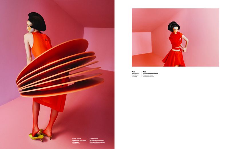 Model He Cong in a red sculptural dress against a pink backdrop for W Magazine China