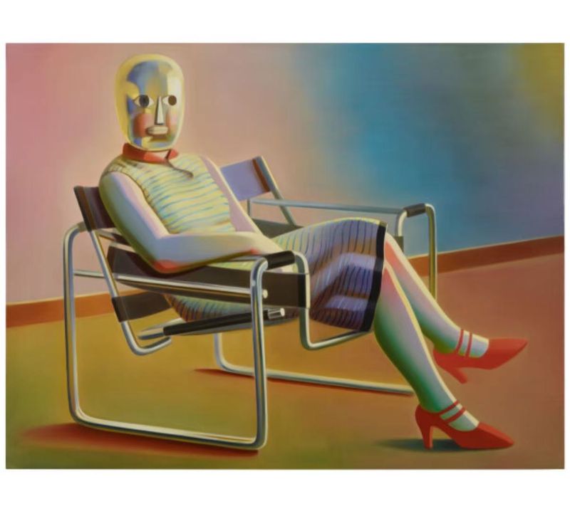 Figure with a metallic head mask seated in a modern tubular armchair wearing a striped dress and red heels