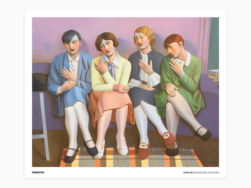 Four figures seated on a purple sofa against a pink wall, painted in an illustrative Bauhaus style with muted pastel clothing.