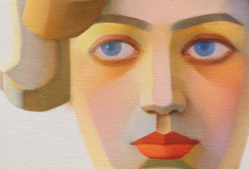 Close-up portrait painting of a woman with geometric facial features, blue eyes, and bright orange lips.