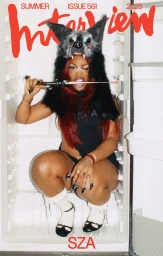 SZA wearing a furry wolf hat and holding a dagger while crouching inside an open refrigerator for Interview Magazine.