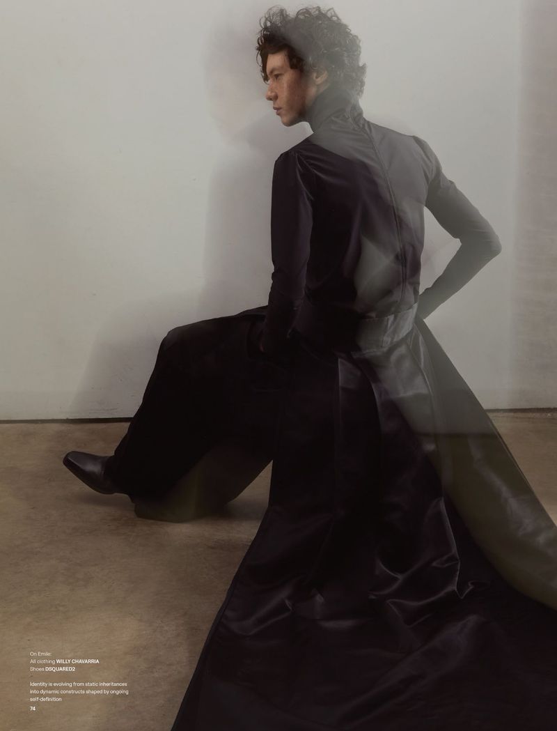 Model in a black turtleneck top and long dark skirt seated against a plain white wall with a multiple exposure effect