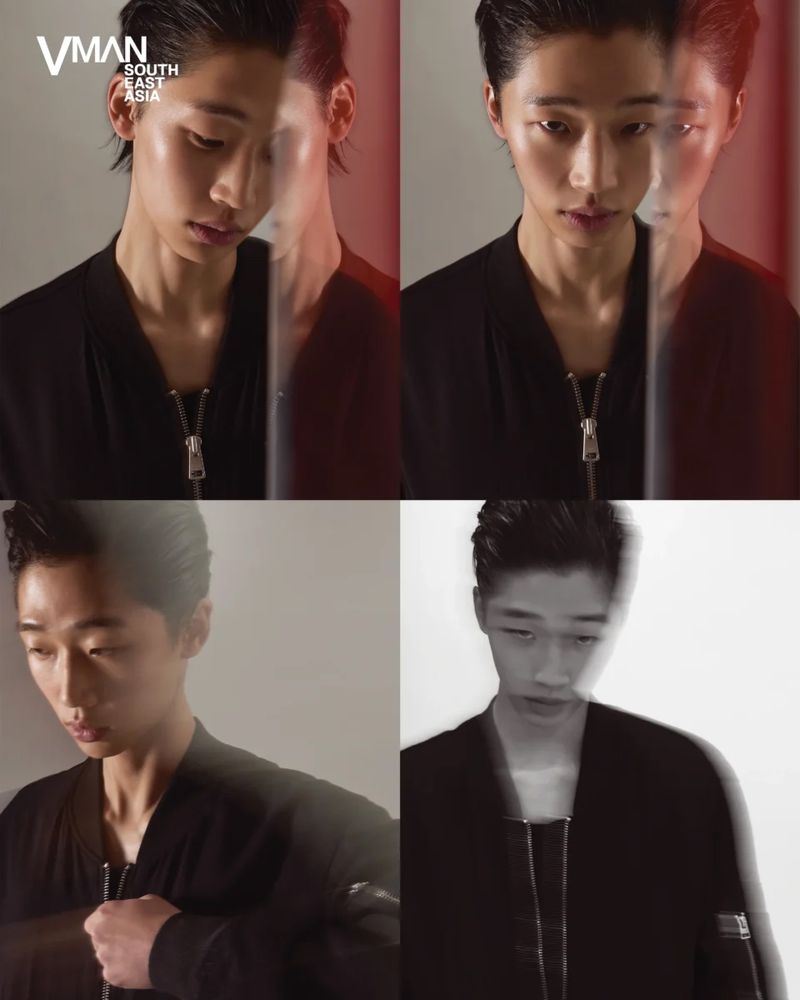 Four-panel editorial portrait composite of an East Asian male model wearing a black zip-up jacket against a neutral backdrop.