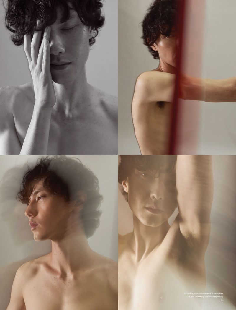 Four-panel editorial portrait composite of shirtless male models with dark wavy hair posing against a neutral studio backdrop.