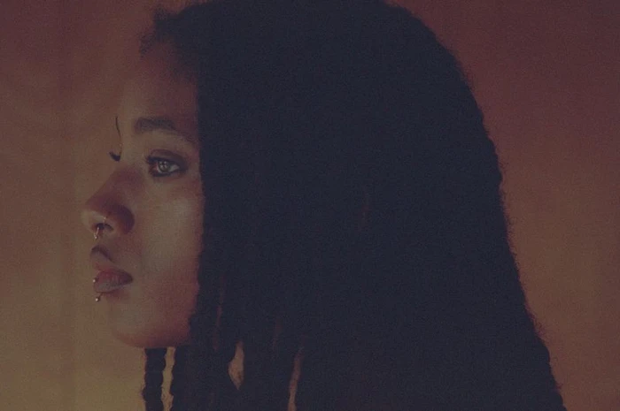 Profile portrait of Willow Smith with long dark braids and facial piercings in profile view against a warm background.