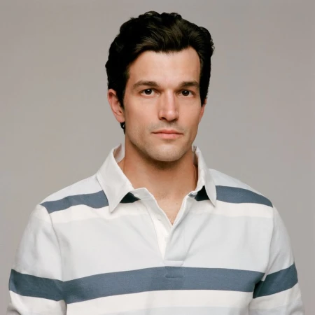 Portrait of Paul Anthony Kelly wearing a white and blue striped polo shirt against a plain grey background