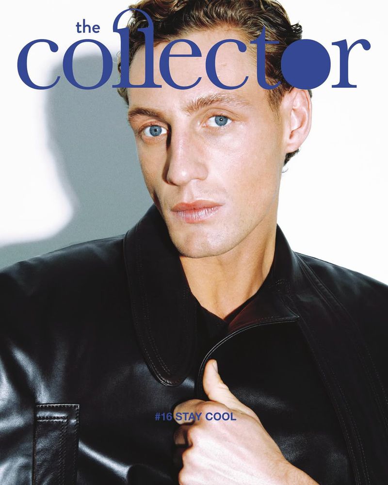 Portrait of a man wearing a black leather jacket against a white background for The Collector Magazine