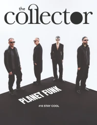 Four men in black outfits and sunglasses standing on a dark platform against a white background for The Collector Magazine