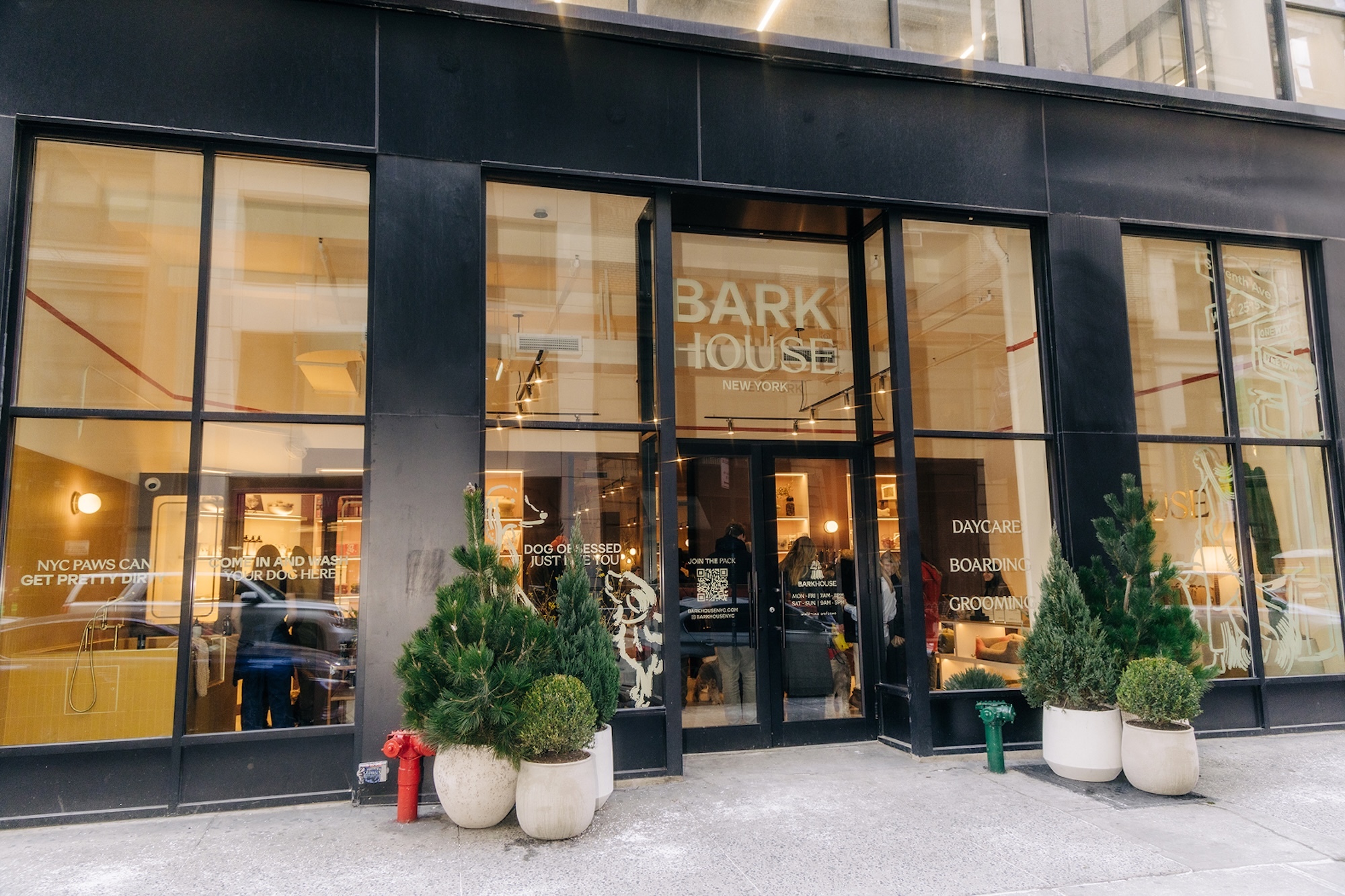 Storefront exterior of Barkhouse New York with large glass windows and potted evergreen trees outside