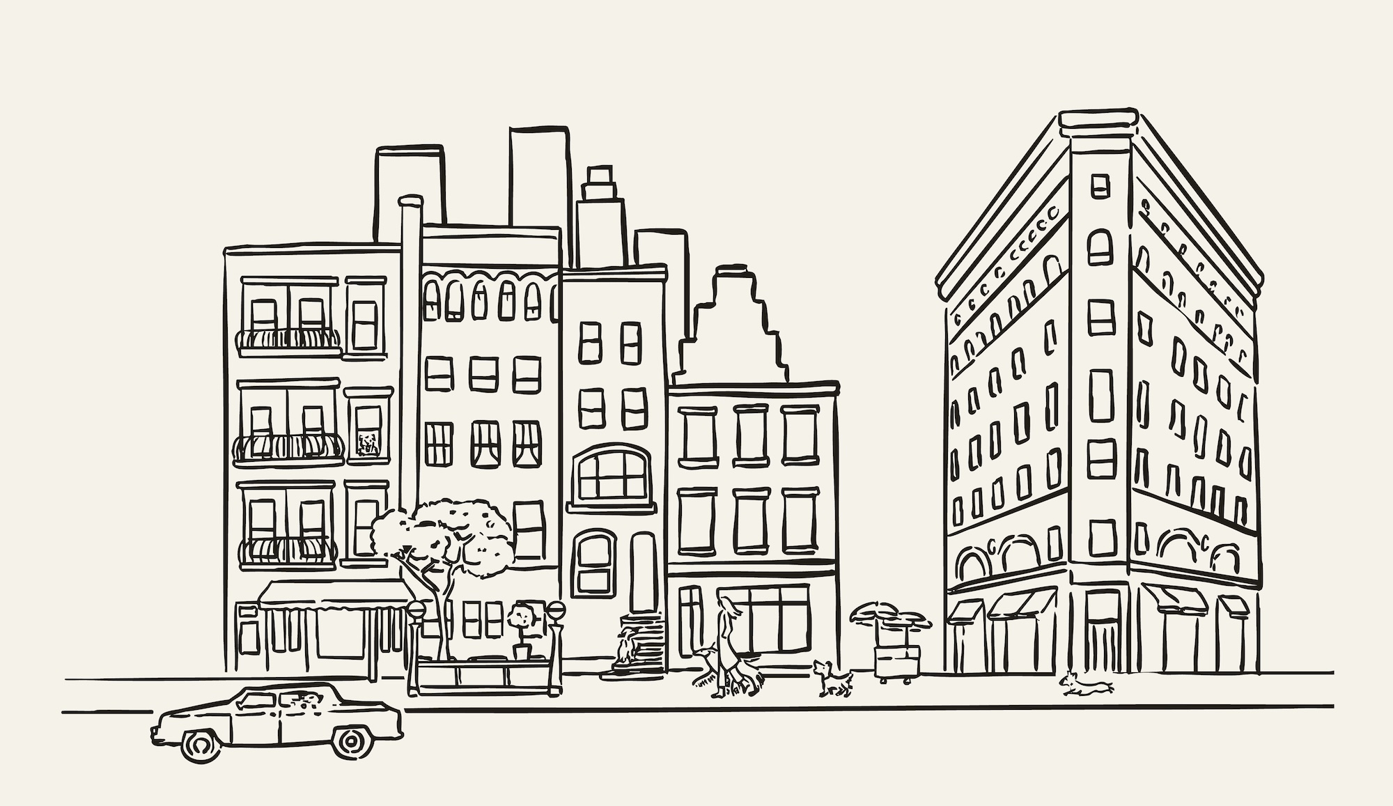 Hand-drawn line illustration of a city street scene with buildings, a car, and figures walking dogs against a pale background.