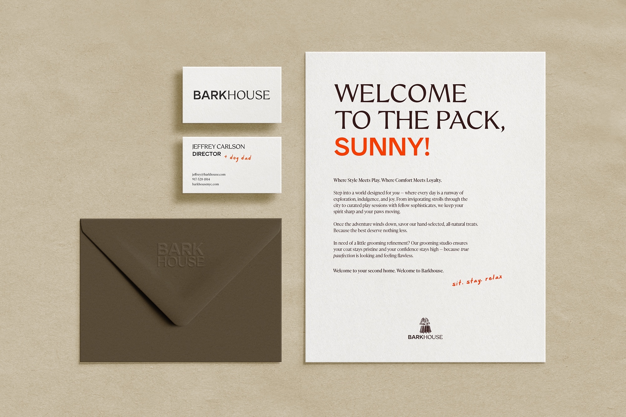 Barkhouse brand identity stationery layout including business cards, a welcome letter, and a dark envelope on textured paper.