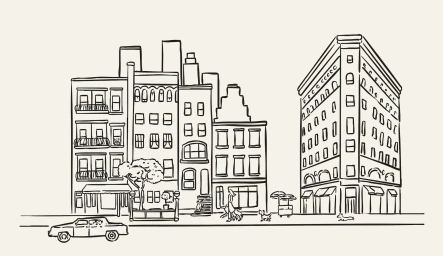Hand-drawn line illustration of a city street scene with buildings, a car, and figures walking dogs against a pale background.