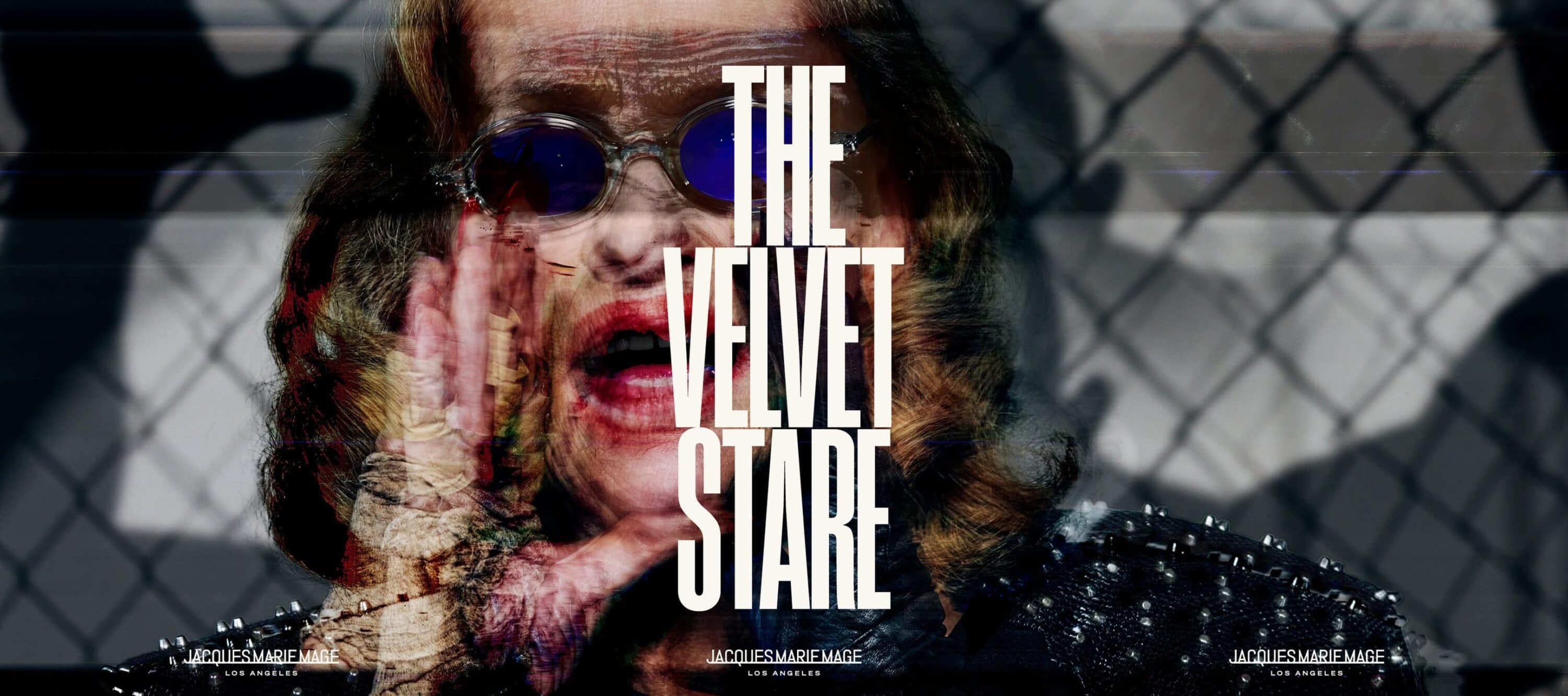 Close-up portrait of model Lauren Hutton wearing blue sunglasses and a dark studded jacket against a chain-link fence background.