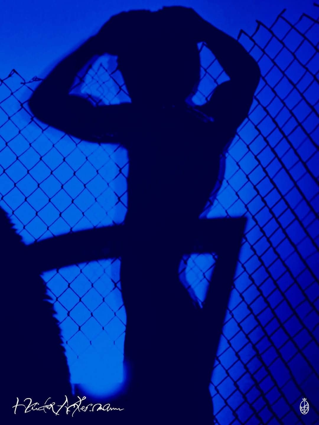 Silhouette of a person with hands on head posing against a chain-link fence under blue lighting