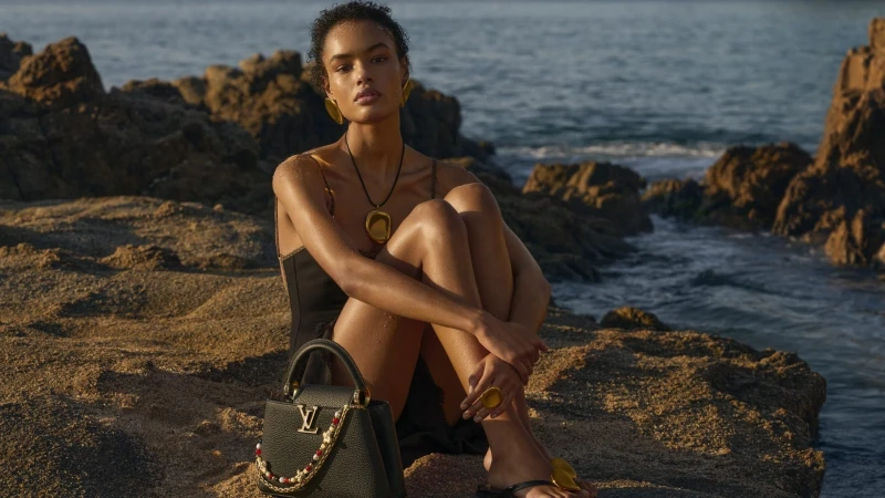 Model seated on rocky coastline at water edge next to black leather handbag under natural sunlight