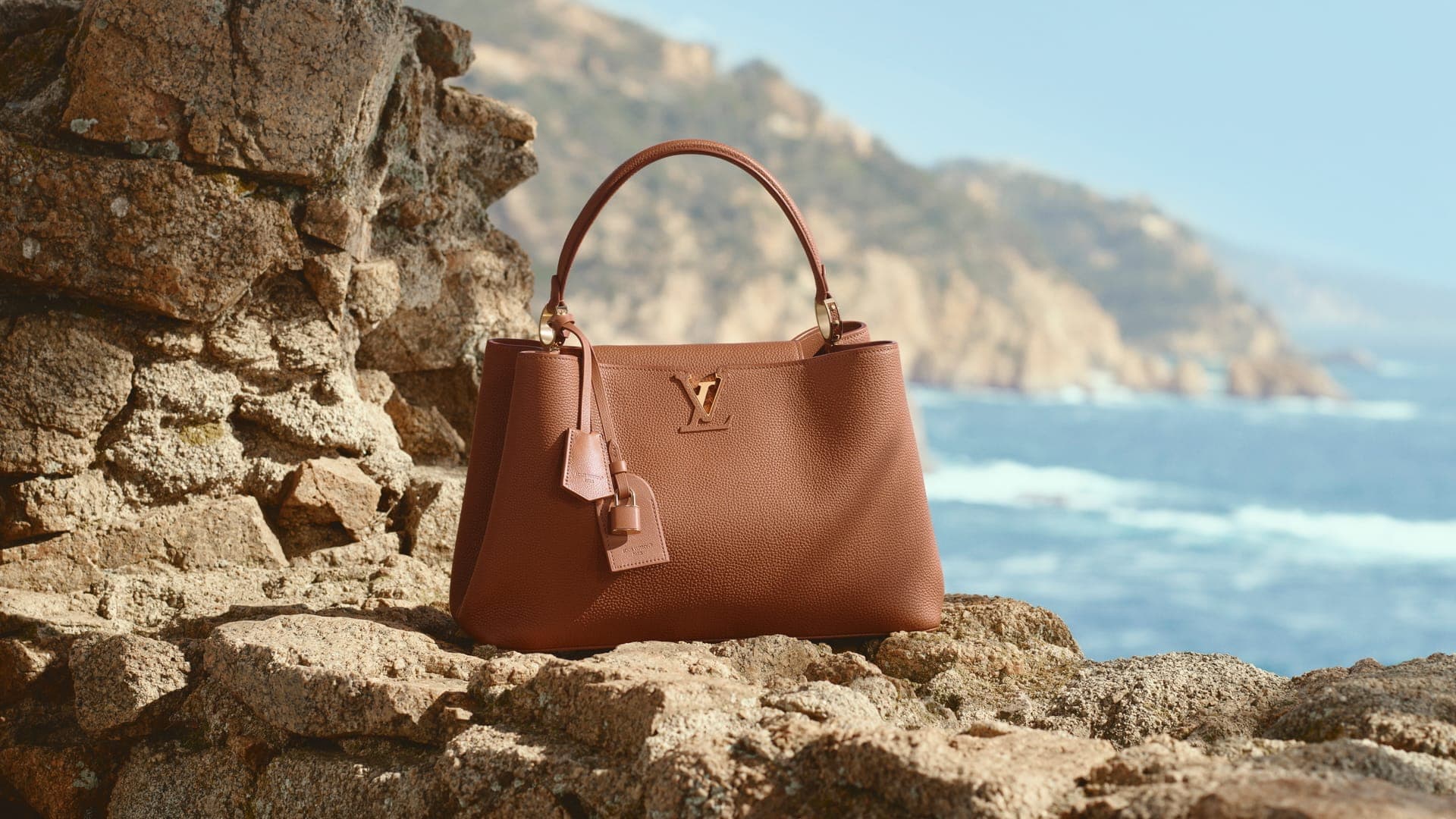 Brown leather Louis Vuitton handbag resting on a rocky coastal ledge with ocean and mountains in the background