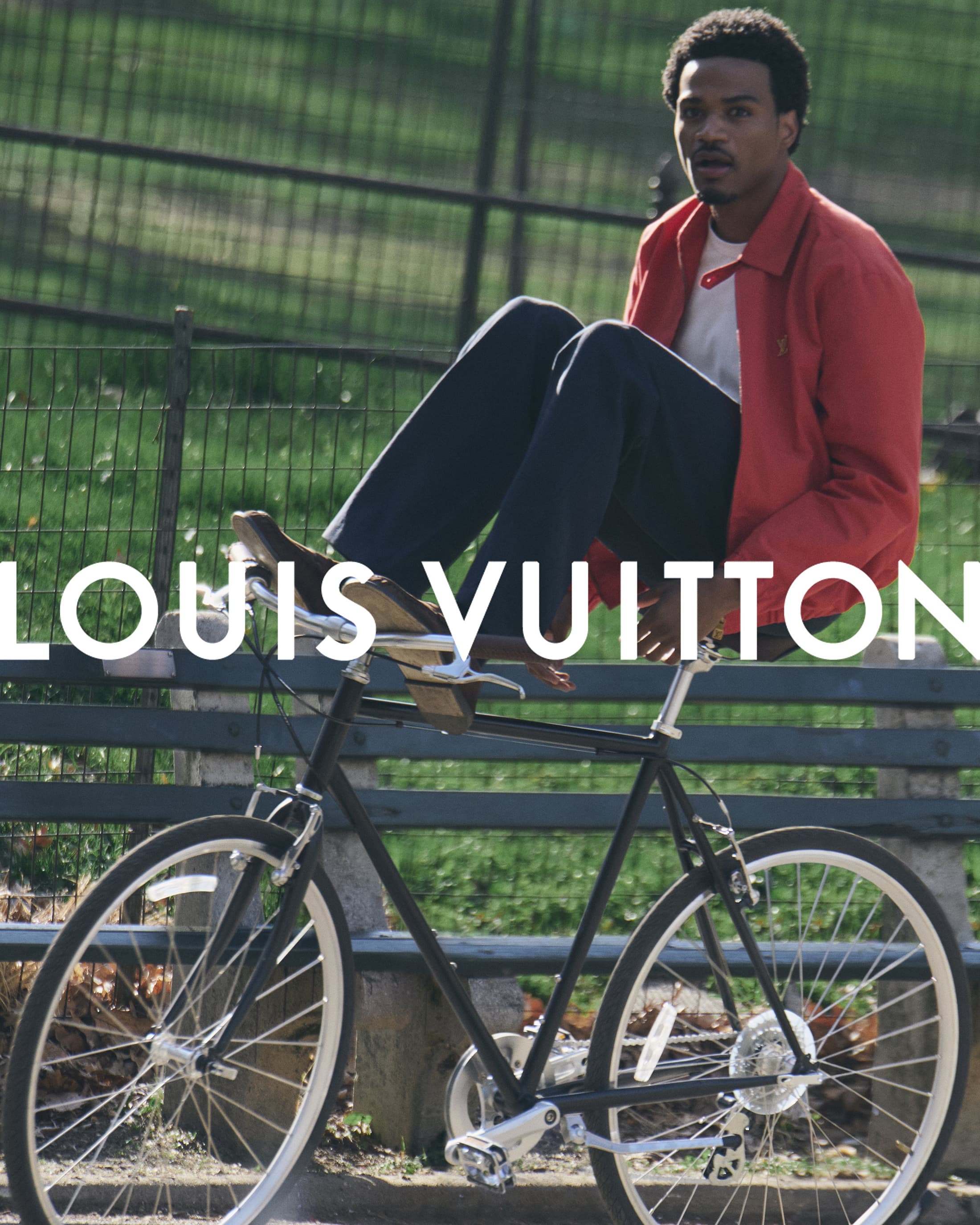 Tyshawn Jones balancing on a bicycle in Central Park for the Louis Vuitton Pre-Fall 2026 campaign photographed by Oliver Hadlee Pearch.