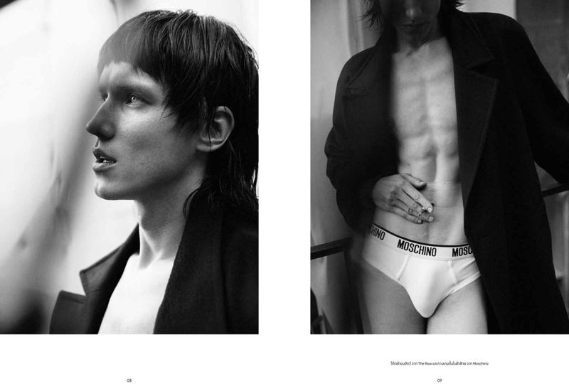 Black and white editorial diptych featuring a male model with a dark coat and branded briefs for Elle Men Thailand.