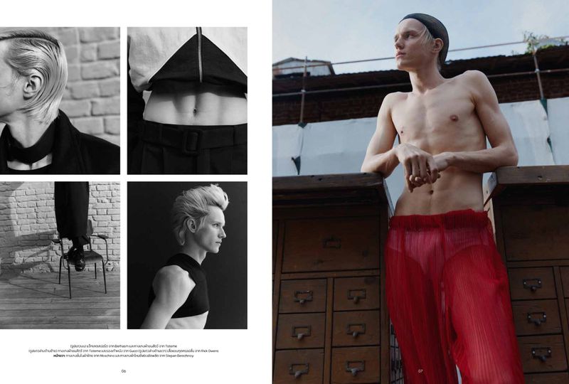 Editorial layout featuring a shirtless male model wearing red sheer trousers and a dark swim cap leaning against wooden cabinets.
