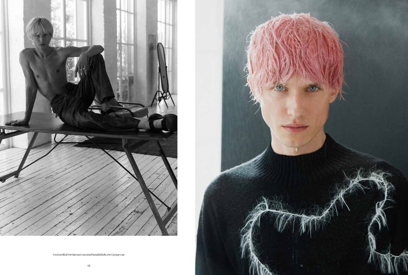 Diptypt fashion editorial showing a male model posing on a table and a close-up portrait with pink hair and a black sweater