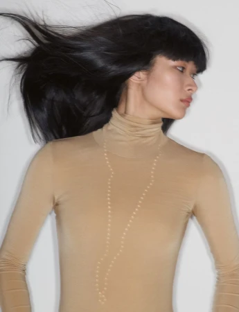 Model with long black hair blowing in the wind wearing a camel turtleneck against a white background.