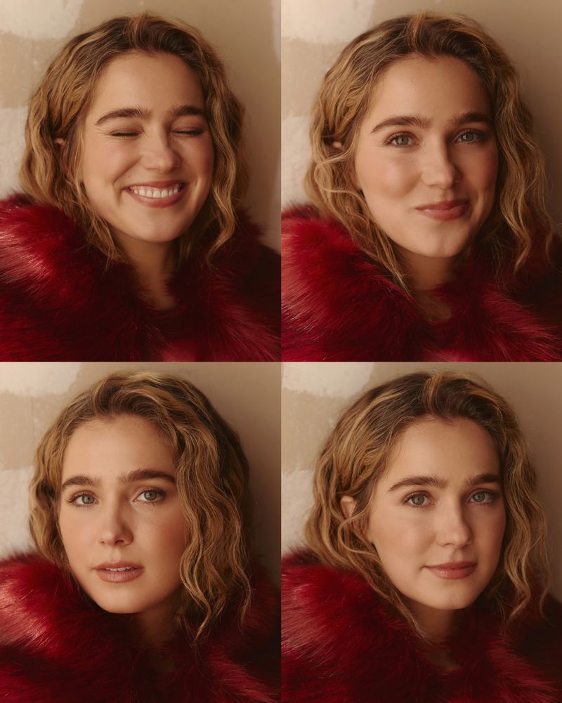 Four-panel grid portrait of Haley Lu Richardson smiling and posing in a textured red coat against a neutral wall.