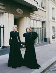 Two female models in long black dresses standing outside an apartment building entrance in a street editorial for Flaunt.