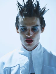 Close-up portrait of a male model with spiky dark hair, blue eye makeup, and white shirt against a bright background